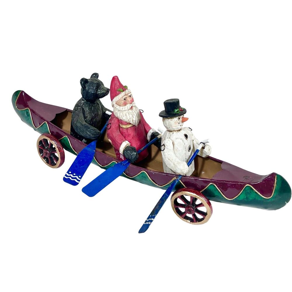 Christmas Around The World Metal Canoe Sleigh Santa Claus Bear and Snowman Used